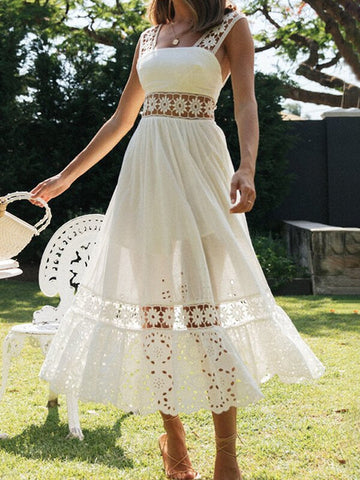 Woochic robe longue broderie anglaise bretelle mode blanche Blanche S